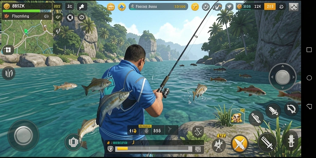 Screenshot gameplay 889ZK dengan aksi memancing yang seru.