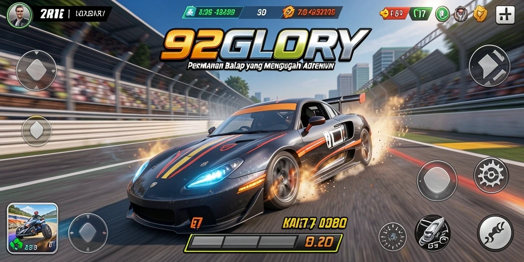 Tampilan gameplay balapan 92GLORY dengan mobil yang beraksi di lintasan yang menantang.