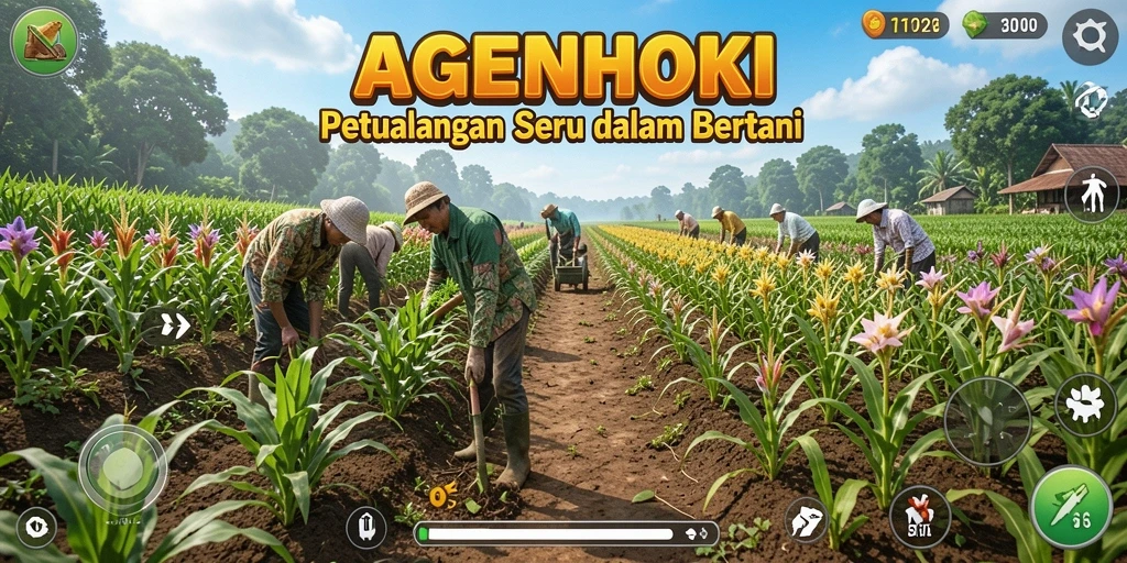 Tampilan gameplay AGENHOKI dengan ladang yang subur dan penuh aktivitas.