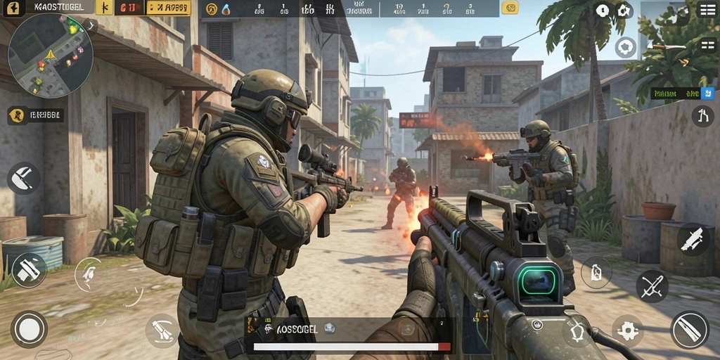 Screenshot gameplay KAOSTOGEL menampilkan aksi seru dalam pertempuran FPS.