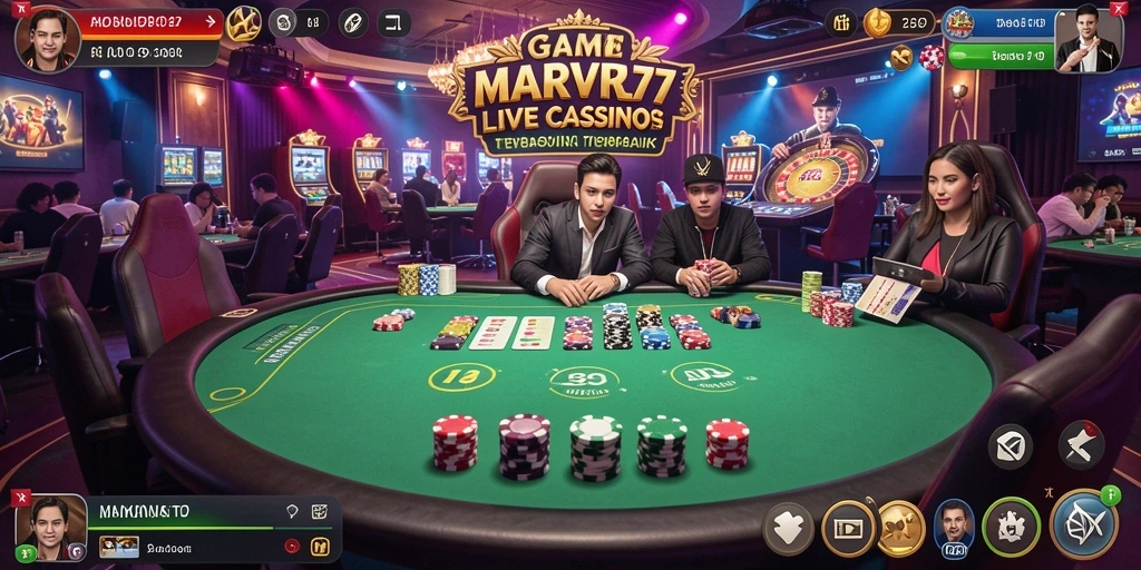 Screenshot utama MARVRL77 menampilkan dealer profesional di tengah permainan Live Casino.