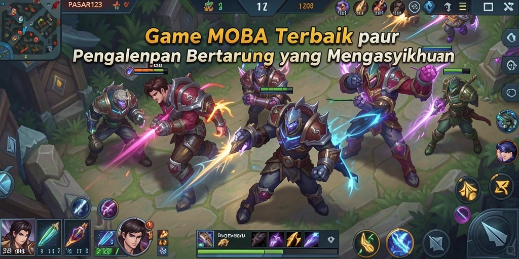 Screenshot gameplay PASAR123 yang menunjukkan pertempuran seru antar karakter MOBA.