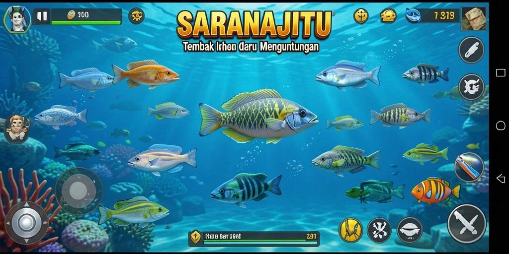 Tampilan gameplay seru dalam SARANAJITU saat menembak ikan.