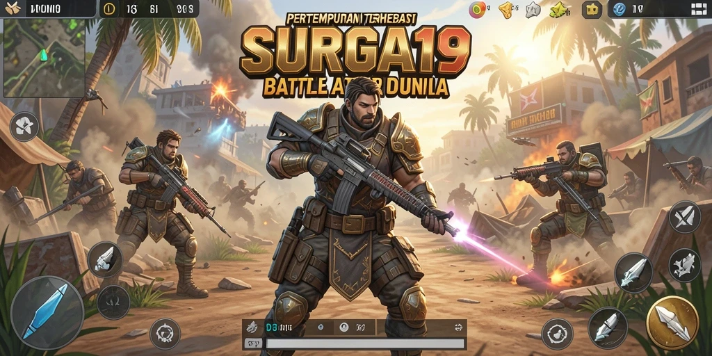 Screenshot SURGA19 menampilkan aksi pertempuran mendebarkan di medan perang Battle Royale.