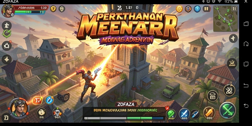 Screenshot ZOFAZA menampilkan aksi seru dalam pertahanan menara.